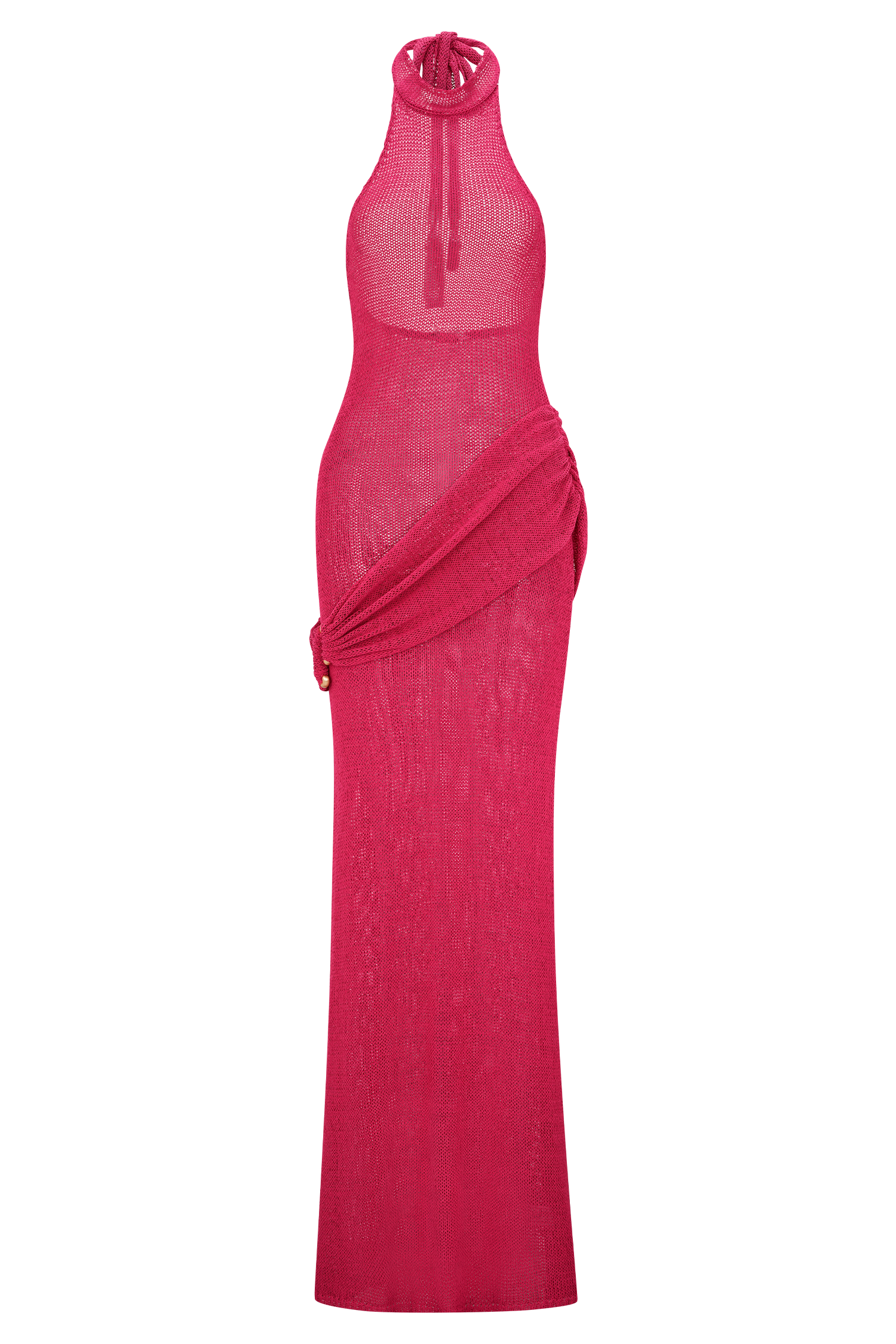 Hot pink halter knit maxi dress with draped side detail — Meshki | Endless UAE