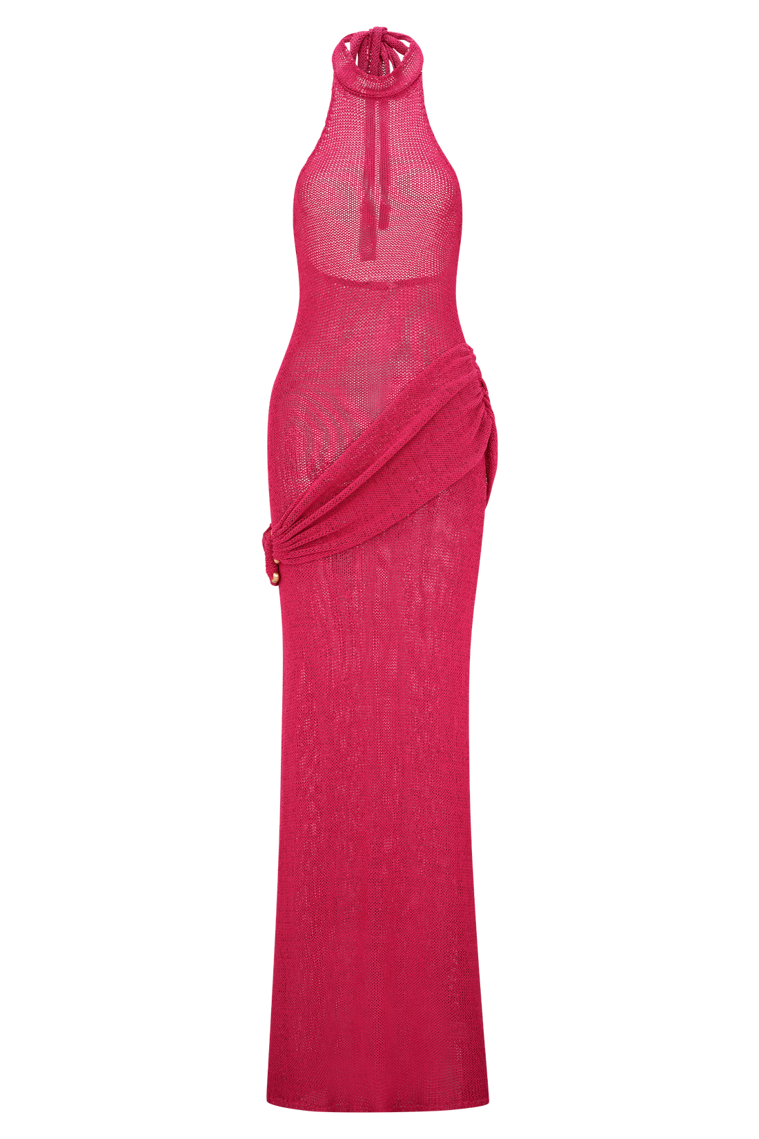 Hot pink halter knit maxi dress with draped side detail — Meshki | Endless UAE