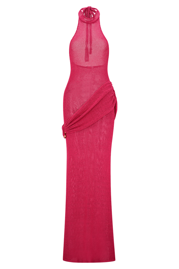 Hot pink halter knit maxi dress with draped side detail — Meshki | Endless UAE