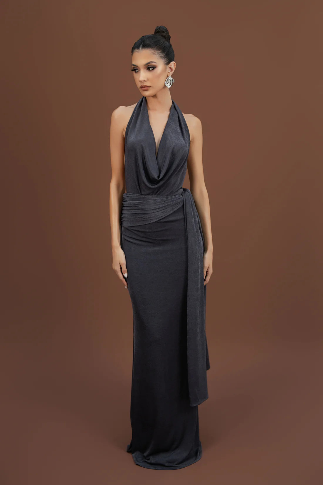 Valeria Gown charcoal halter neckline draped waist floor length — By Alle | Endless UAE