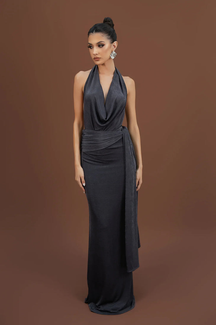 Valeria Gown charcoal halter neckline draped waist floor length — By Alle | Endless UAE