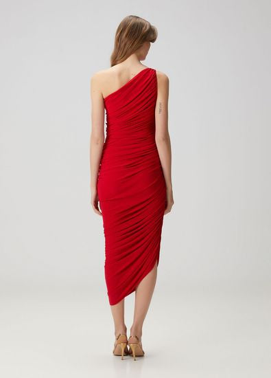 Woman wearing red one-shoulder ruched midi dress — Norma Kamali | Endless UAE