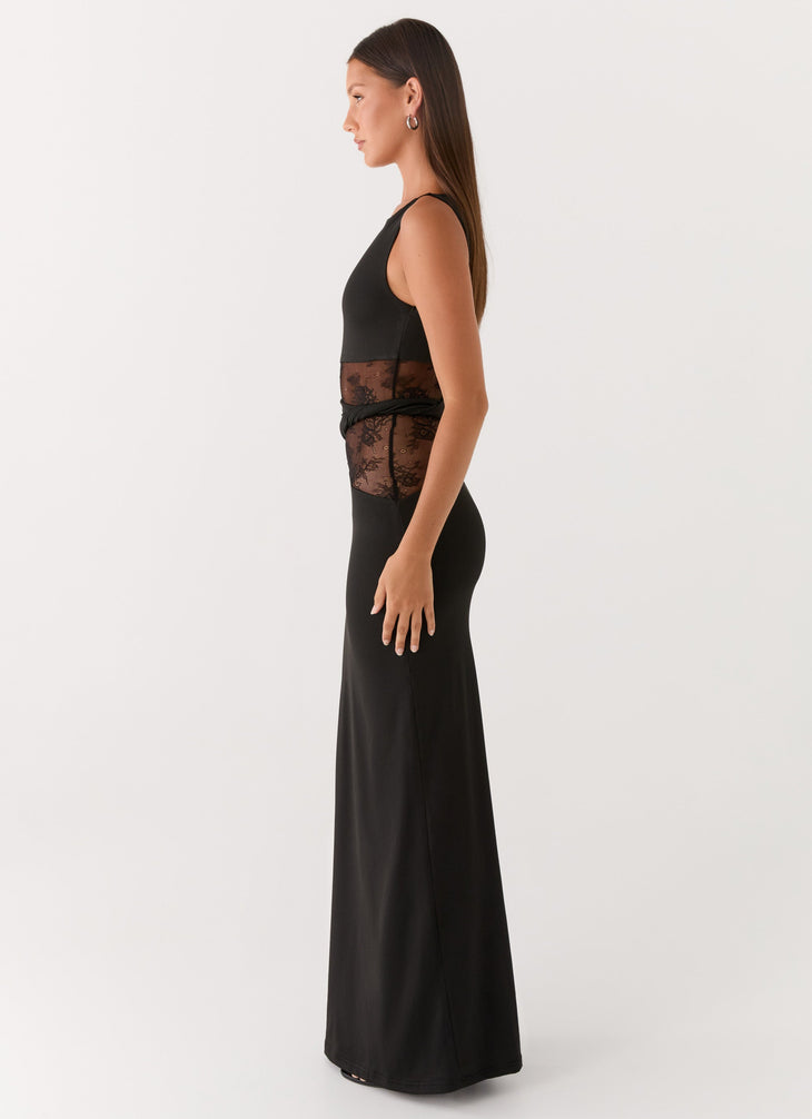 Black sleeveless maxi dress with sheer lace waist detail — Peppermayo | Endless UAE