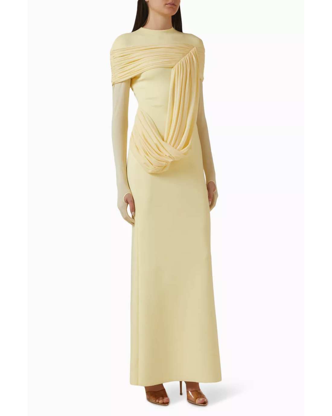 Pale yellow draped maxi dress with off-shoulder design and long sleeves — Chats By C.Dam | Endless UAE