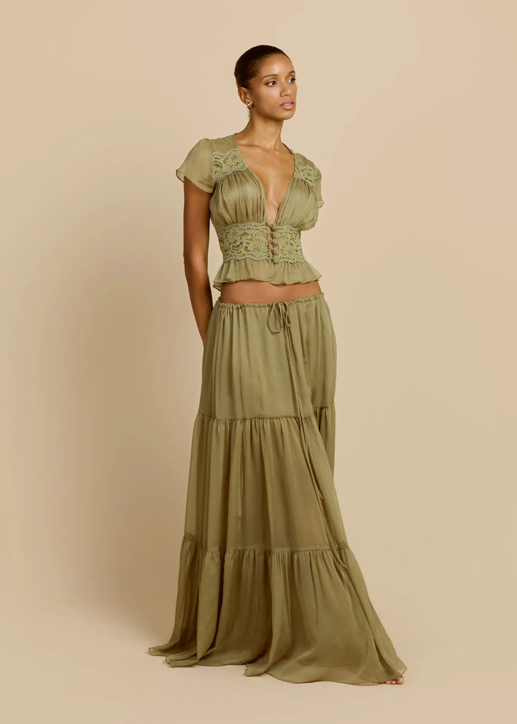 Sabrina Skirt in sage green with tiered ruffles and drawstring waist — Arcina Ori | Endless UAE
