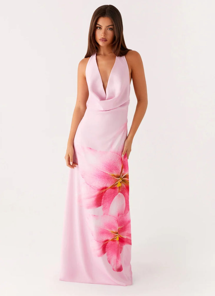 Pink cowl neck sleeveless maxi dress with floral print detail — Peppermayo | Endless UAE