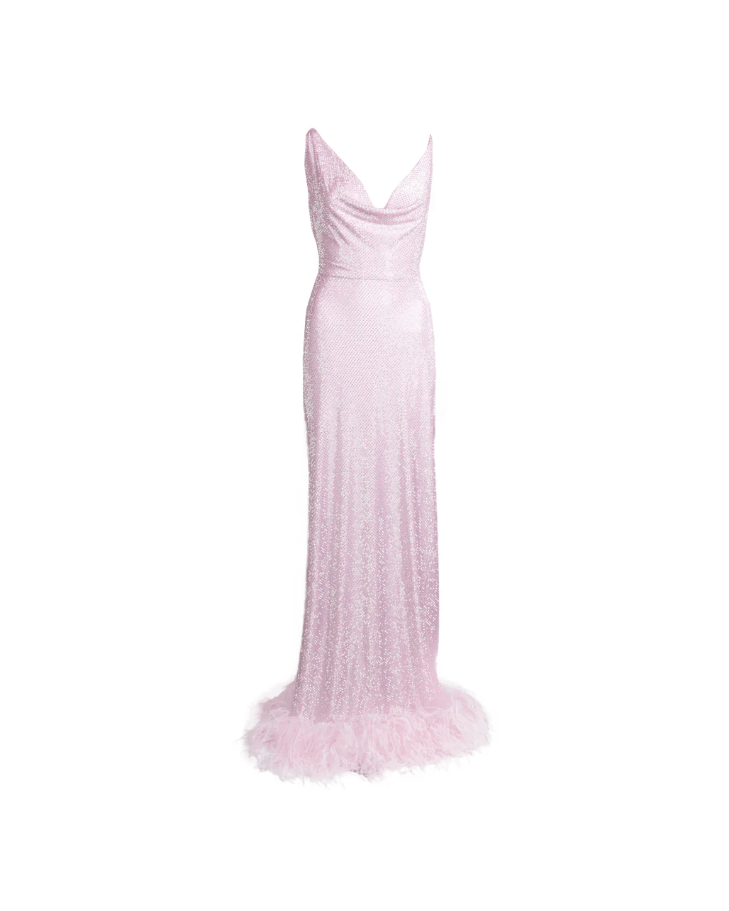 Agora Glitter Dress in blush pink with draped cowl neckline and feathered hem — Romani | Endless UAE
