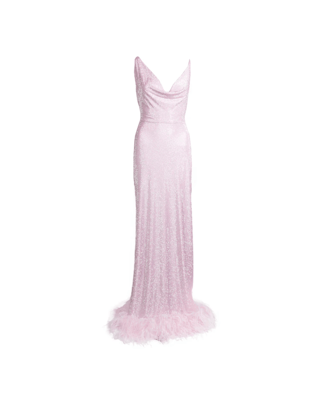 Agora Glitter Dress in blush pink with draped cowl neckline and feathered hem — Romani | Endless UAE