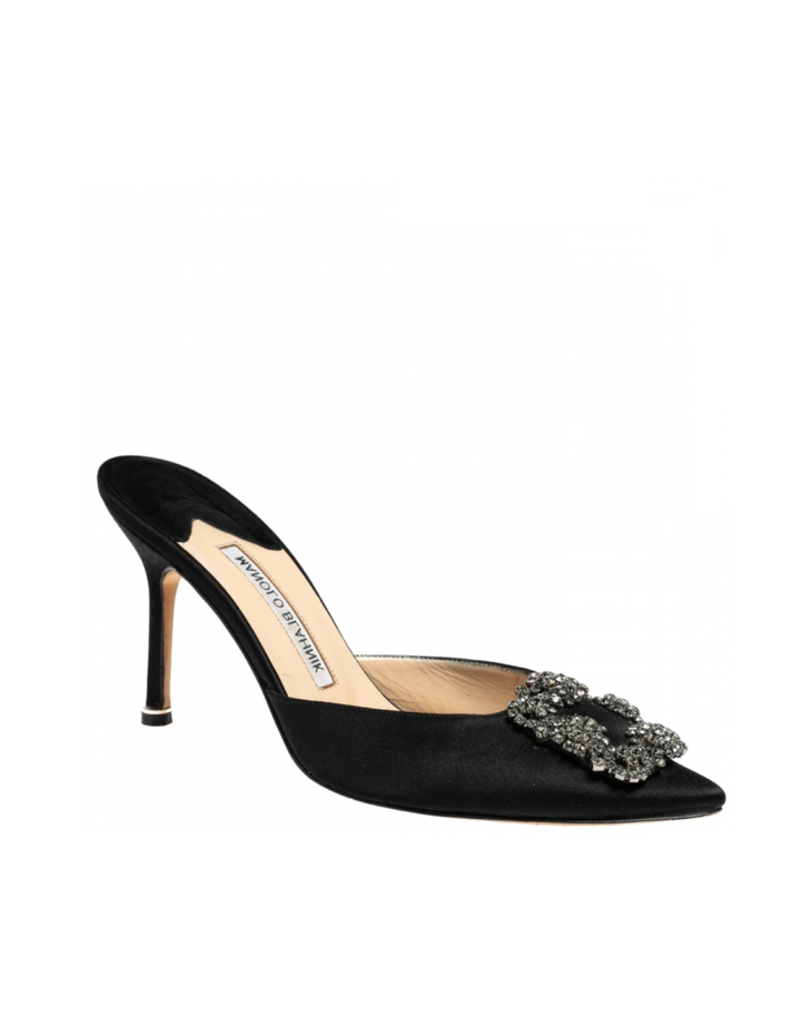 Black satin pointed-toe mules with crystal buckle detail — Manolo Blahnik | Endless UAE
