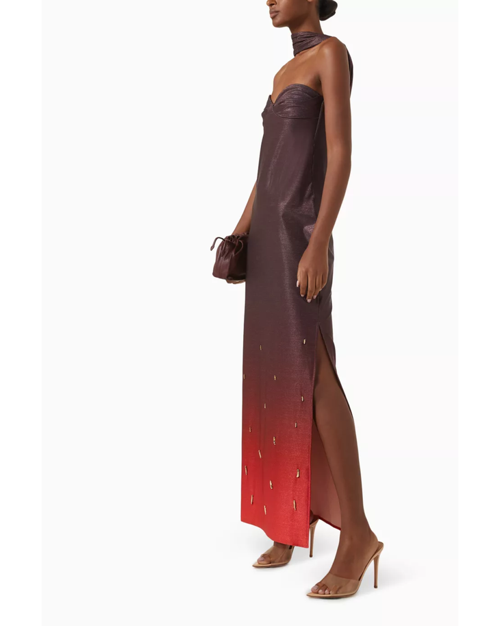 Woman wearing burgundy to red ombre maxi dress with halter neckline — Baobab | Endless UAE