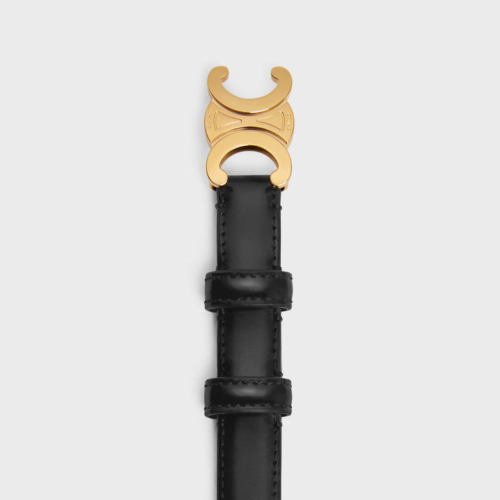Black leather Triomphe Belt with gold-tone buckle — Celine | Endless UAE