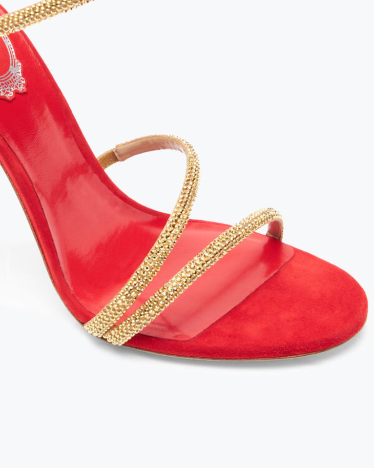 Red satin sandal with gold crystal-embellished straps and spiral heel — Rene Caovilla | Endless UAE
