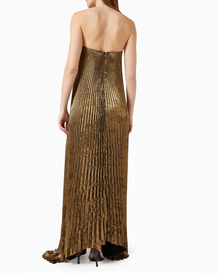 Gold pleated strapless gown with sweeping train — L'idee | Endless UAE