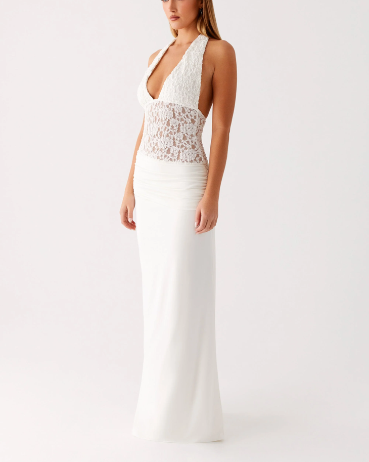 White halter maxi dress with lace bodice detail and ruched skirt — Peppermayo | Endless UAE