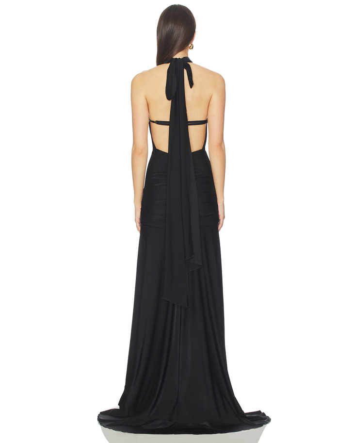 Black halterneck maxi dress with ruched waist and asymmetrical hem — Runaway The Label | Endless UAE