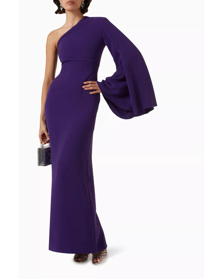 Purple one-shoulder maxi dress with draped sleeve detail — Solace London | Endless UAE