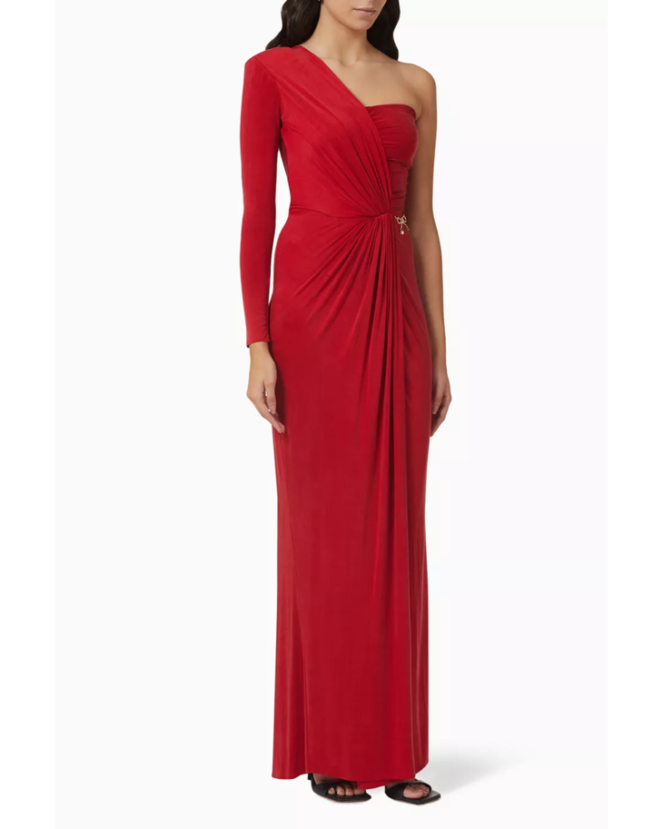 Red draped one-shoulder gown with long sleeve and embellished waist — Elisabetta Franchi | Endless UAE