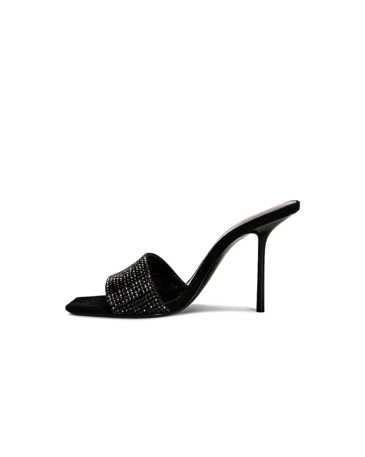Black crystal-embellished mule heels with stiletto heel — Saint Laurent | Endless UAE