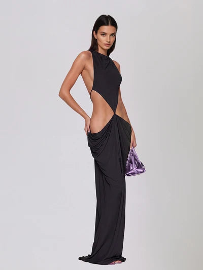 Black backless cutout draped maxi dress with purple bag — Mew Mews | Endless UAE