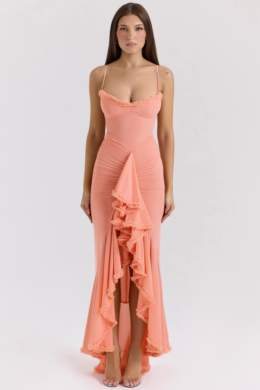 Gabbi Peach Mesh Ruffled Front Gown — House of CB | Endless UAE