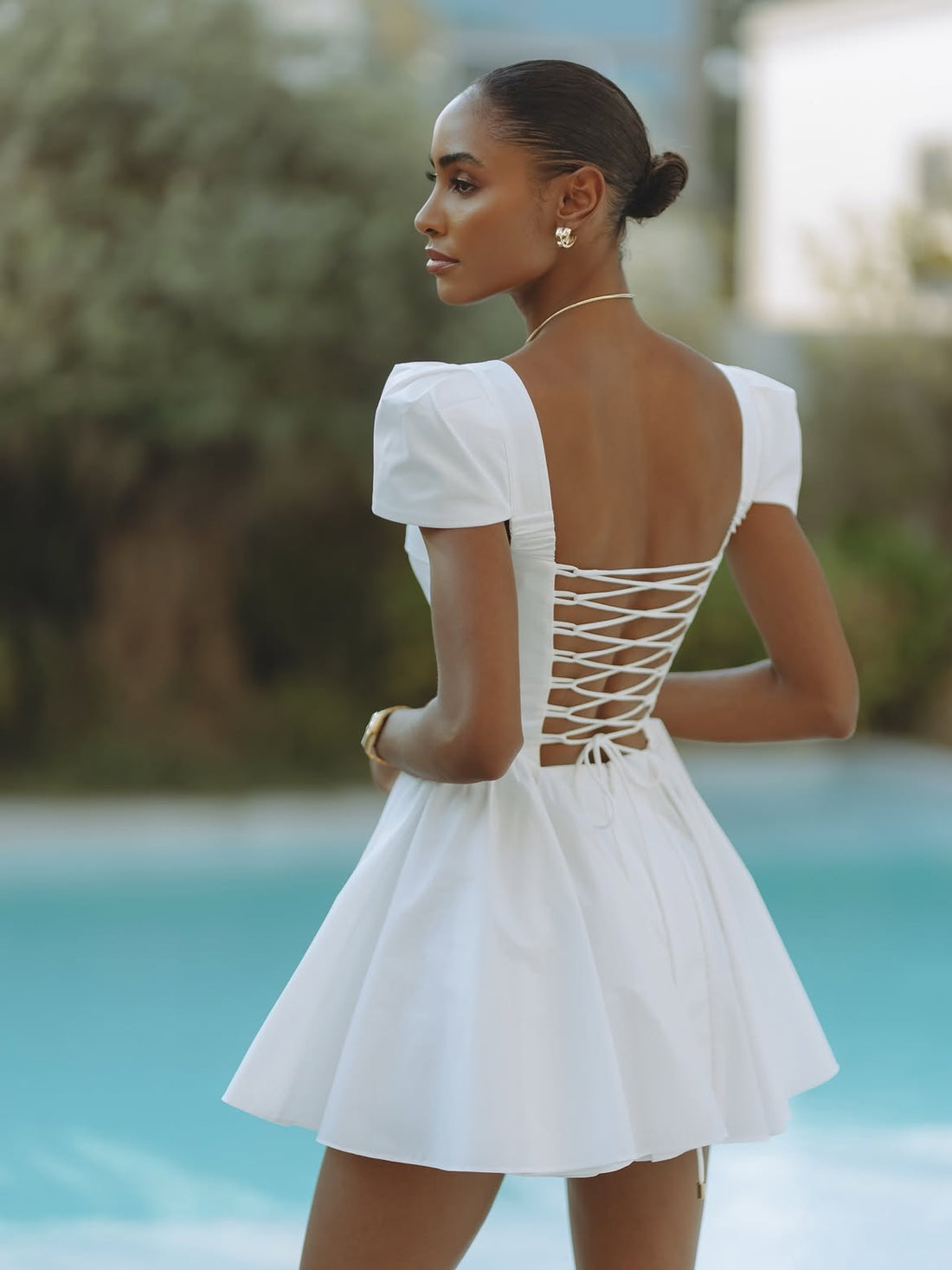 White Antonella Midi Dress with lace-up back and short sleeves — Chic le Frique | Endless UAE