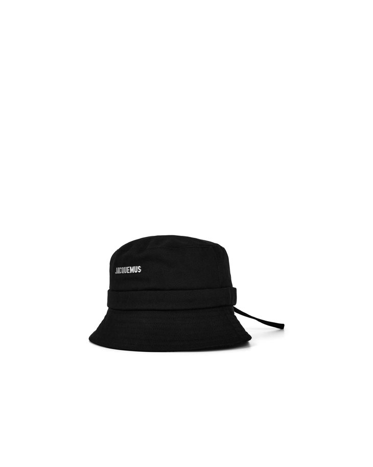 Black cotton bucket hat with brand plaque and adjustable drawstring — Jacquemus Hat | Endless UAE