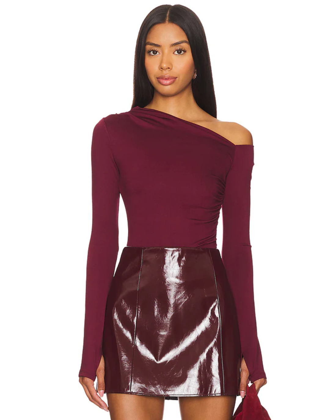 Burgundy one-shoulder long sleeve crop top with off-shoulder neckline — NIA The Brand | Endless UAE