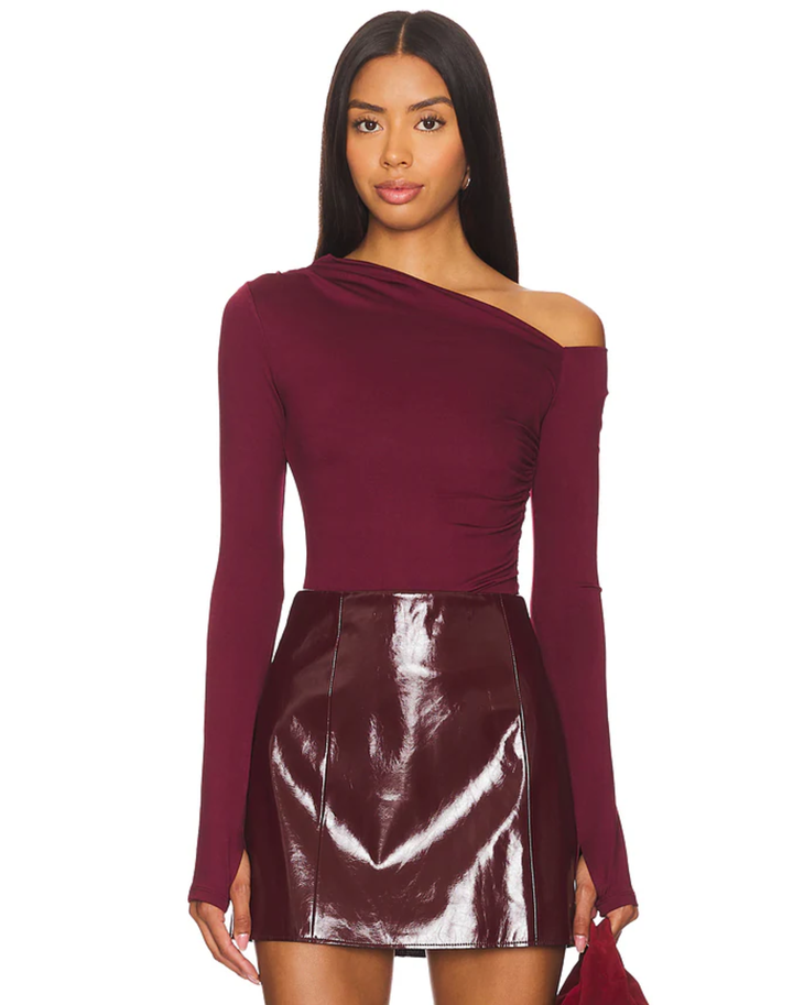 Burgundy one-shoulder long sleeve crop top with off-shoulder neckline — NIA The Brand | Endless UAE