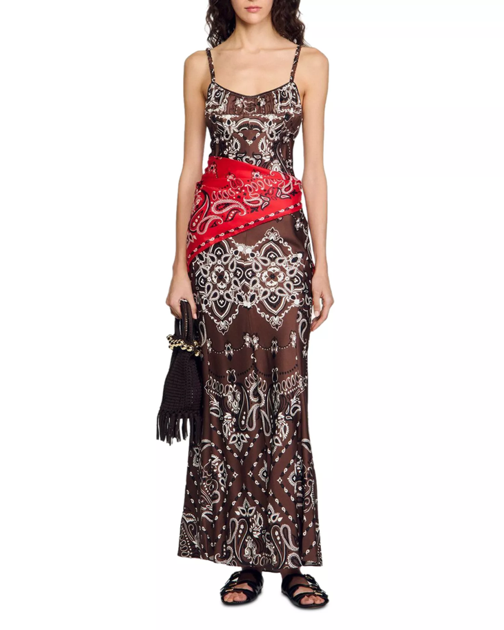 Brown and white bandana print midi dress with spaghetti straps — Sandro | Endless UAE
