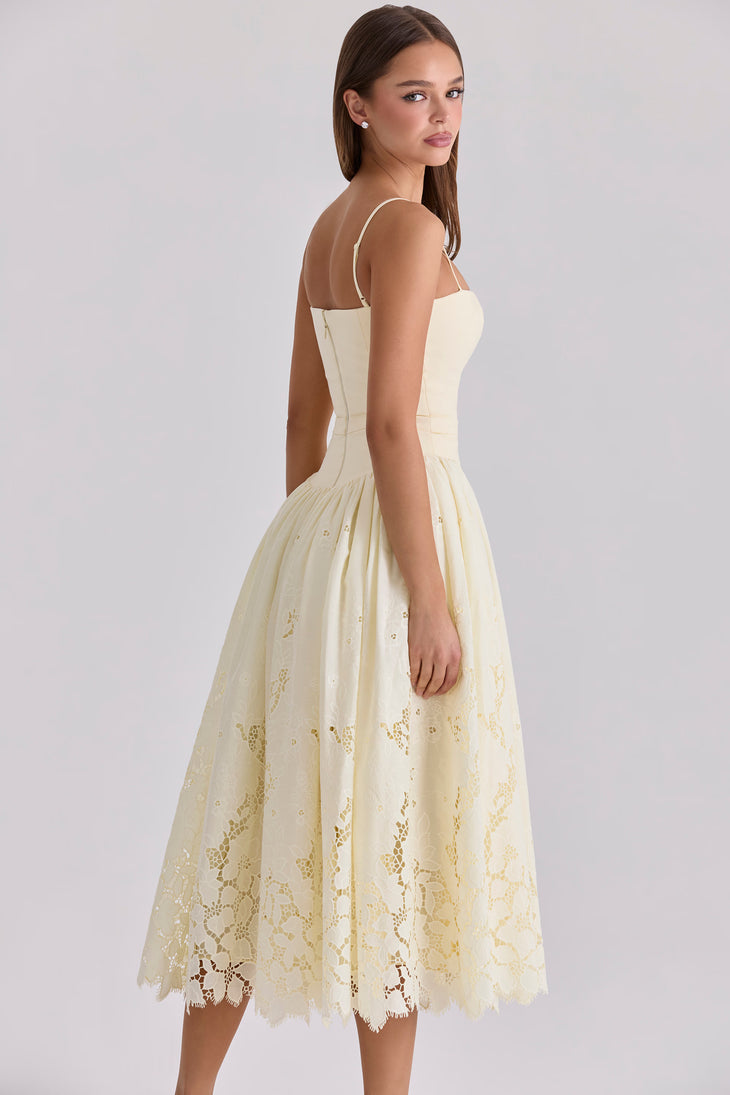 Cream lace broderie anglaise midi sundress with spaghetti straps and decorative hem — House of CB | Endless UAE