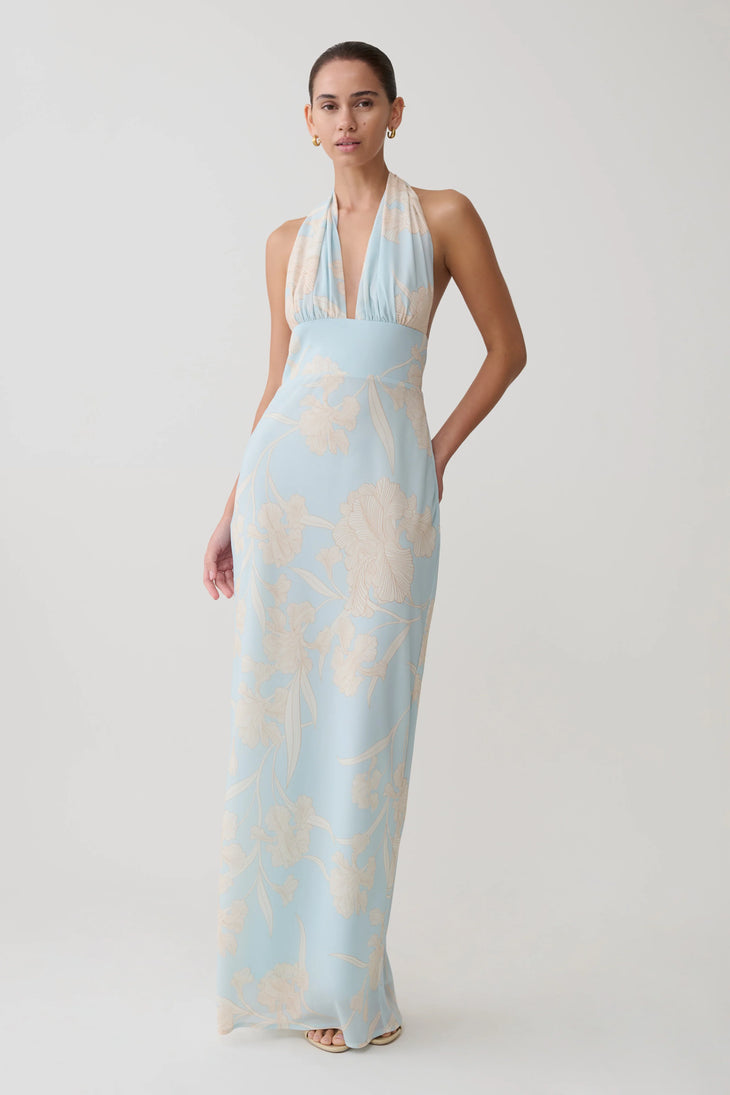 Light blue chiffon halter maxi dress with cream floral embroidery and scarf neckline — Meshki | Endless UAE