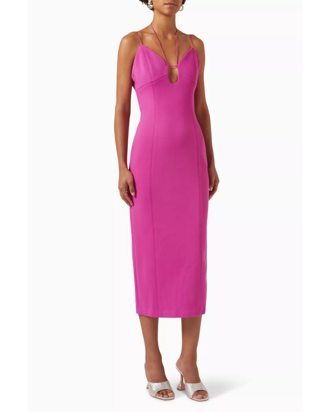 Magenta halter midi dress with plunging neckline and fitted silhouette — Misha | Endless UAE