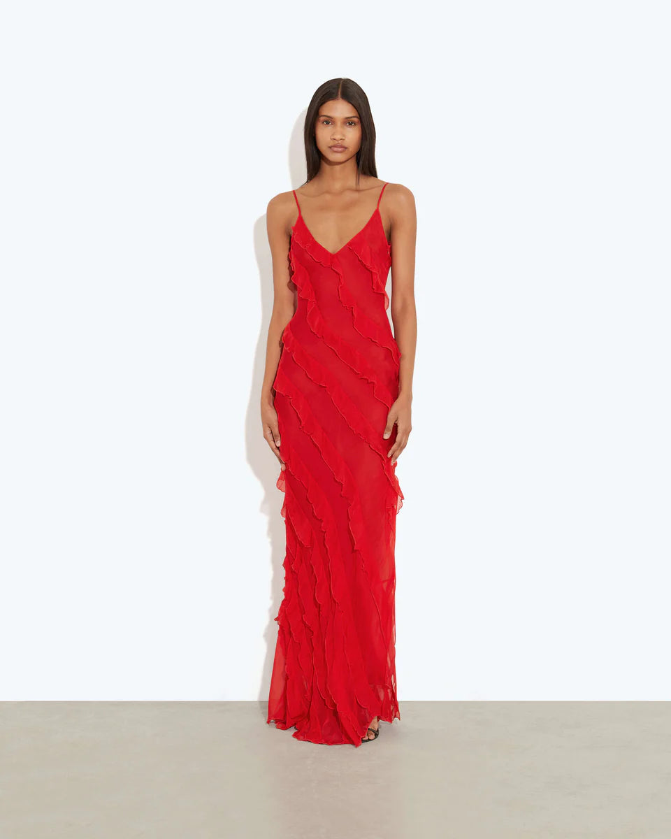 Red ruffled maxi dress with thin straps and V-neckline — Rat & Boa | Endless UAE