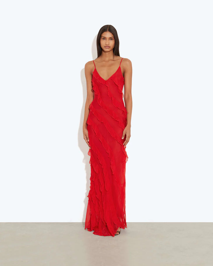 Red ruffled maxi dress with thin straps and V-neckline — Rat & Boa | Endless UAE