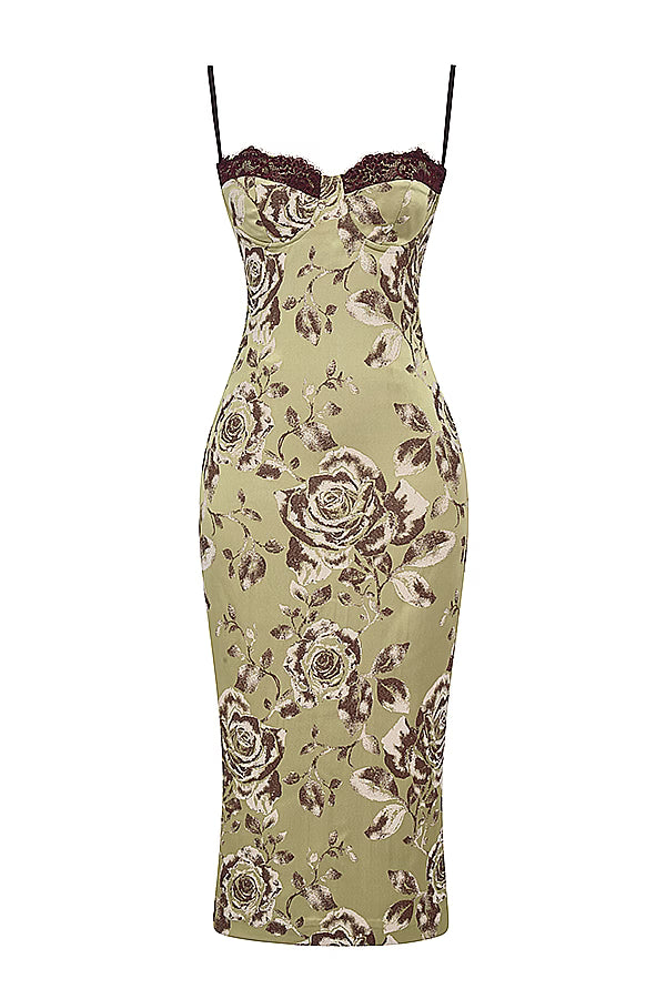 Woman wearing beige floral midi dress with black lace trim and thin straps — House of CB | Endless UAE