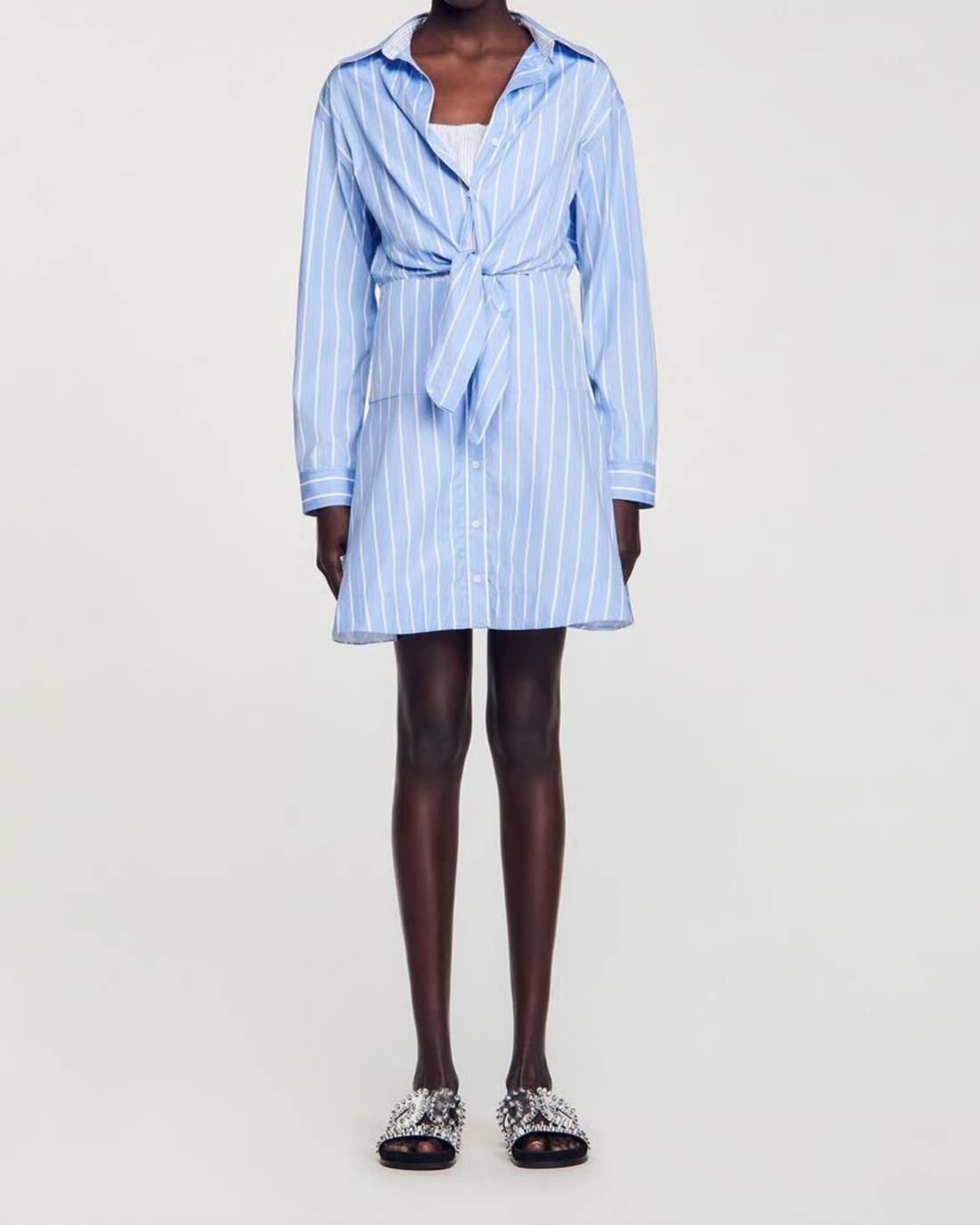 Light blue striped tie-front shirt dress with long sleeves — Sandro | Endless UAE
