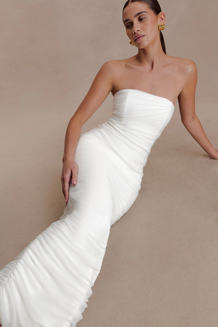 White strapless ruched mesh maxi dress with fitted silhouette — Meshki | Endless UAE