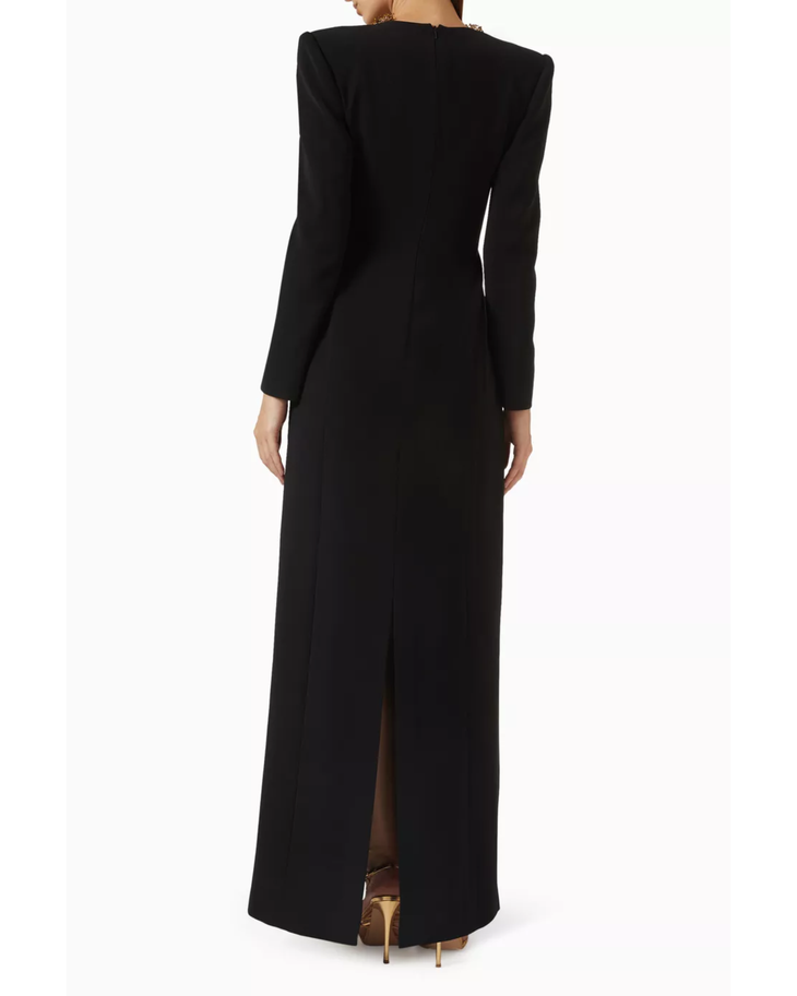 Black embellished V-neck maxi dress with long sleeves and gold beading detail — Tracy Studio | Endless UAE
