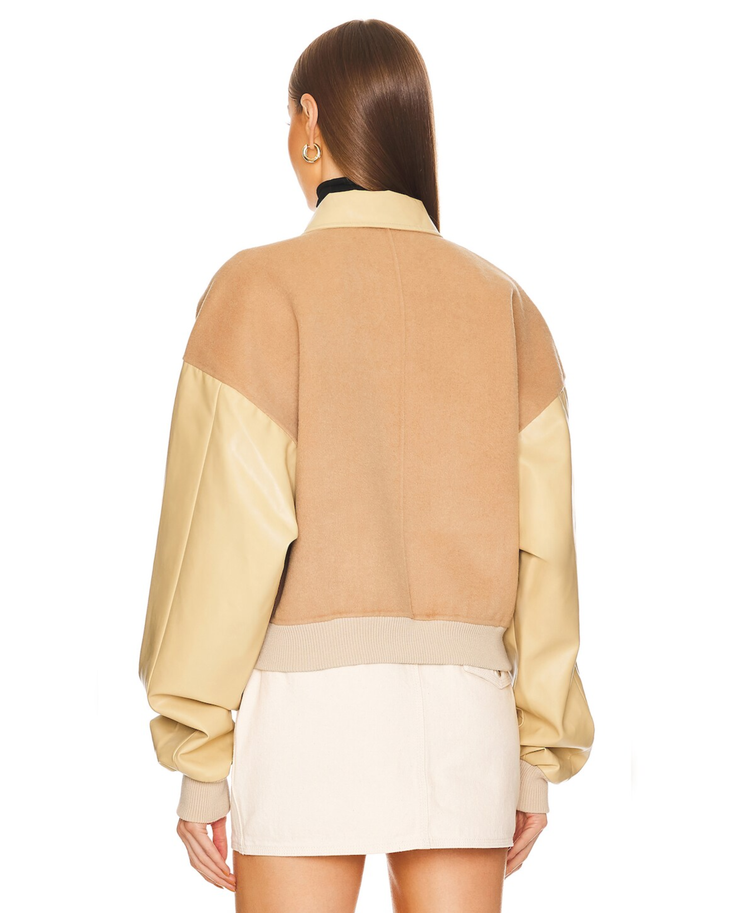 Faux Leather & Wool Blend Bomber in camel and cream — Helsa | Endless UAE