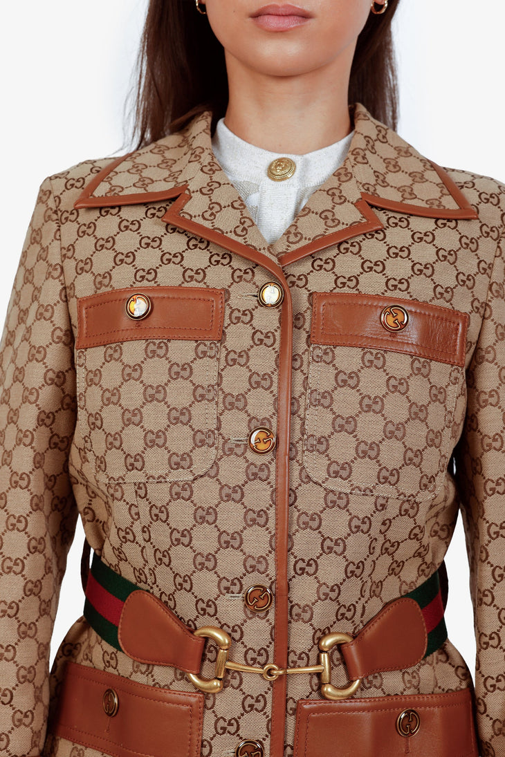 GG canvas jacket with leather trim, horsebit web belt detail, and gold-tone buttons — Gucci | Endless UAE