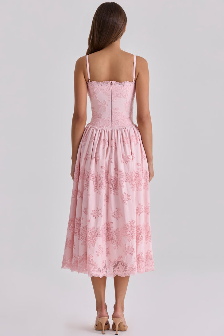 Pink broderie anglais lace midi sundress with square neckline and full skirt — House of CB | Endless UAE