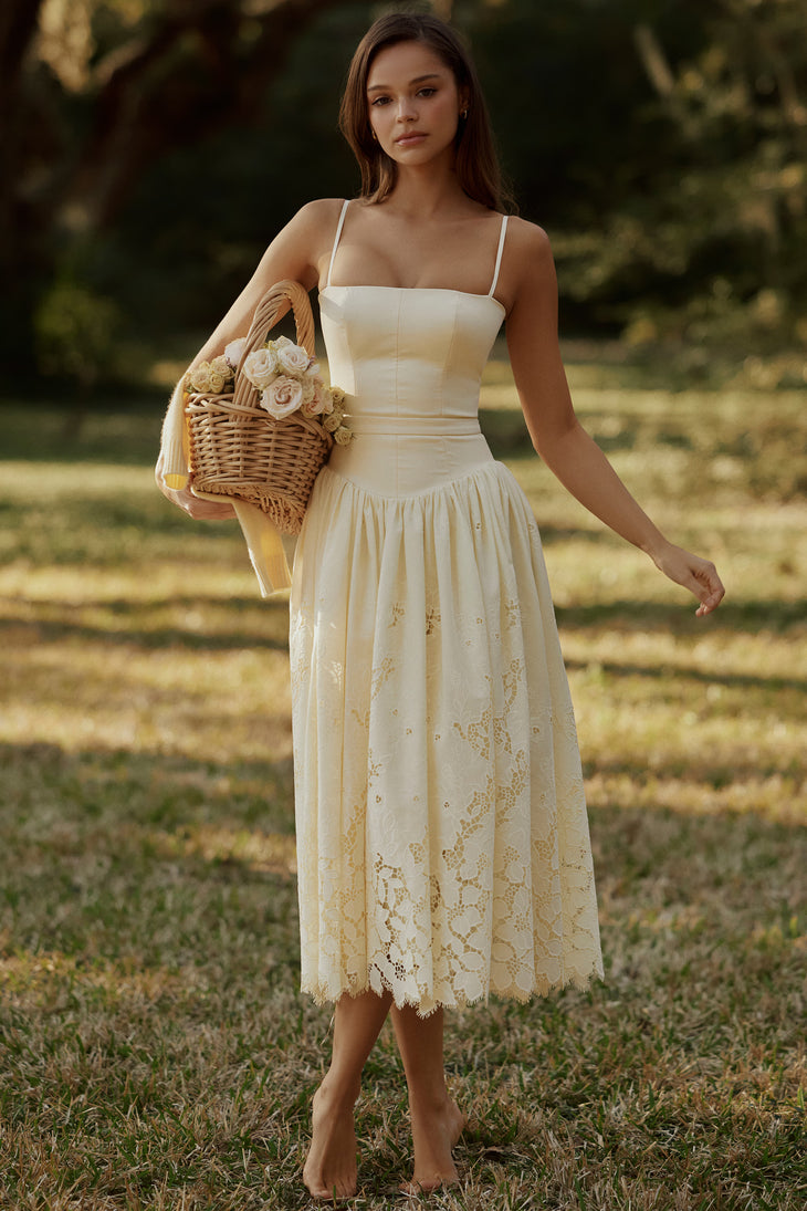 Cream lace broderie anglaise midi sundress with spaghetti straps and decorative hem — House of CB | Endless UAE