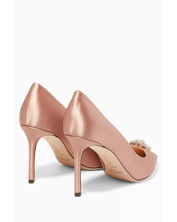 Pair of ballet pink satin pumps with jeweled toe embellishment — Jimmy Choo | Endless UAE