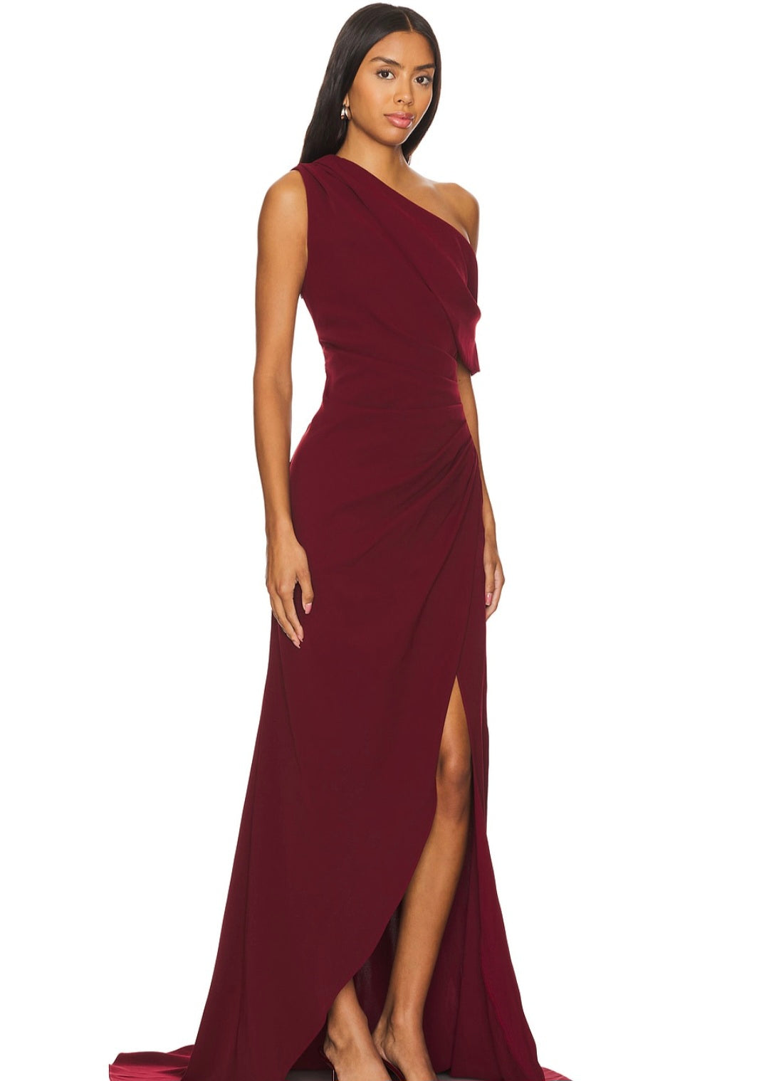 Burgundy one-shoulder draped gown with high slit and flowing fabric — Elliat | Endless UAE