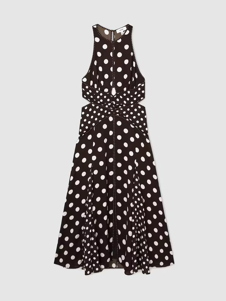 Black and white polka-dot sleeveless midi dress with cut-out waist detail — Reiss | Endless UAE