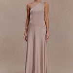 Lyla Dress in beige one-shoulder maxi with flowing silhouette — Meshki | Endless UAE