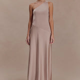 Lyla Dress in beige one-shoulder maxi with flowing silhouette — Meshki | Endless UAE