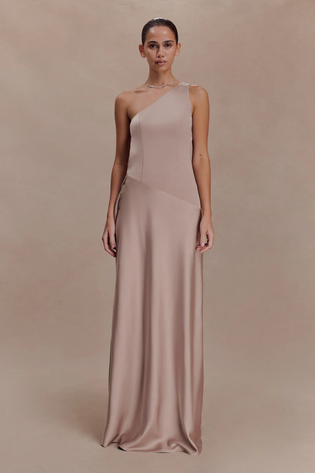 Lyla Dress in beige one-shoulder maxi with flowing silhouette — Meshki | Endless UAE