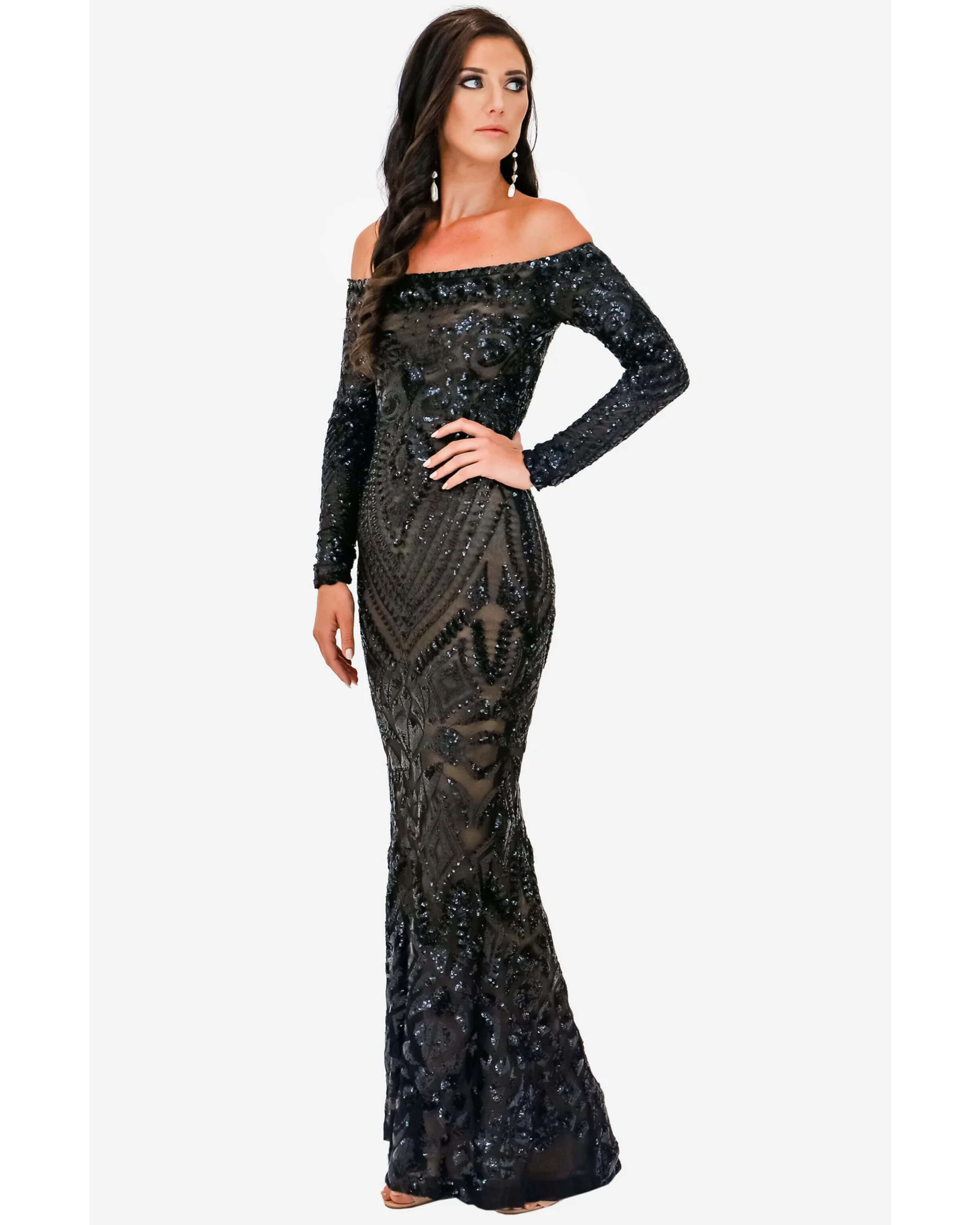 Black sequined off-shoulder long-sleeve gown with geometric beading pattern — Nadine Merabi | Endless UAE