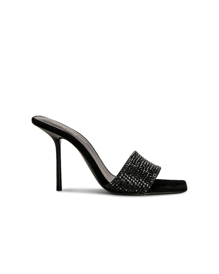 Black crystal-embellished mule heels with stiletto heel — Saint Laurent | Endless UAE